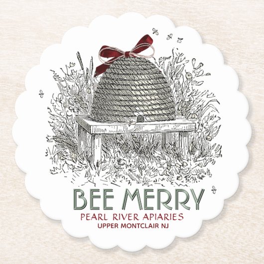 Bee Merry Holiday Untersetzer mit Skep und Red Bow (Vorderseite)