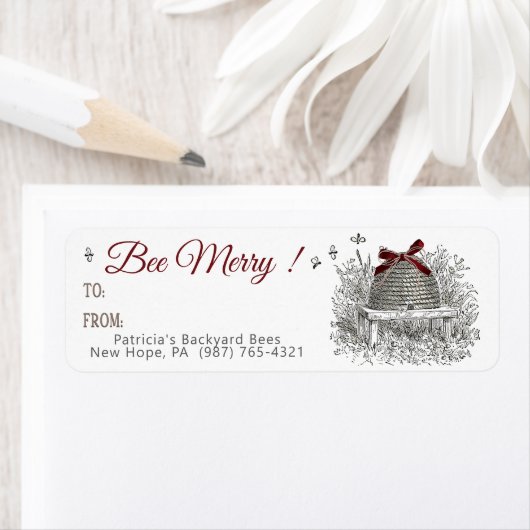 Bee Merry Honey Geschenk Label Red Bow Skep Weihna (Insitu)