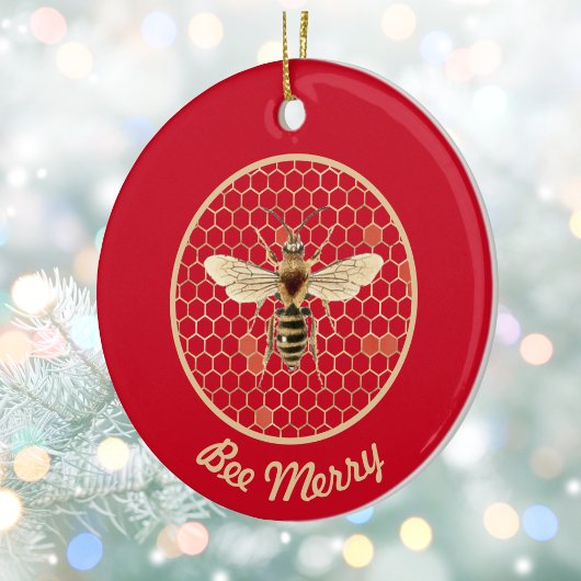 Bee Merry Royal Bee and Honeycomb on Red Keramik Ornament