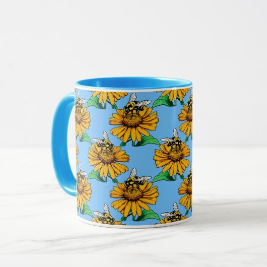 Bee on Sunflower Flower Pattern Design Blue  Tasse (Vorderseite Links)