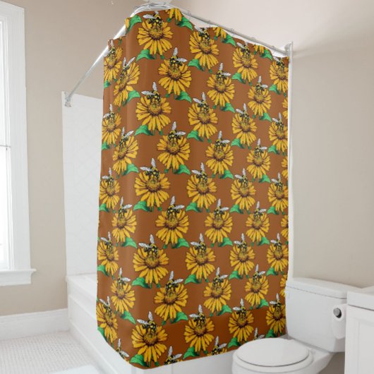 Bee on Sunflower Flower Pattern Design Brown Duschvorhang