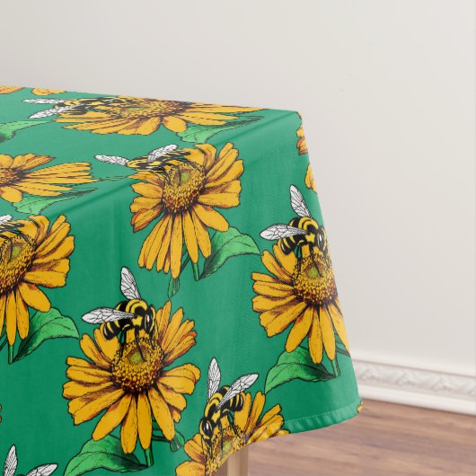 Bee on Sunflower Flower Pattern Design Green  Tischdecke (Beispiel)