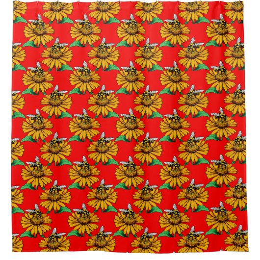 Bee on Sunflower Flower Pattern Design Red Duschvorhang (Vorderseite)