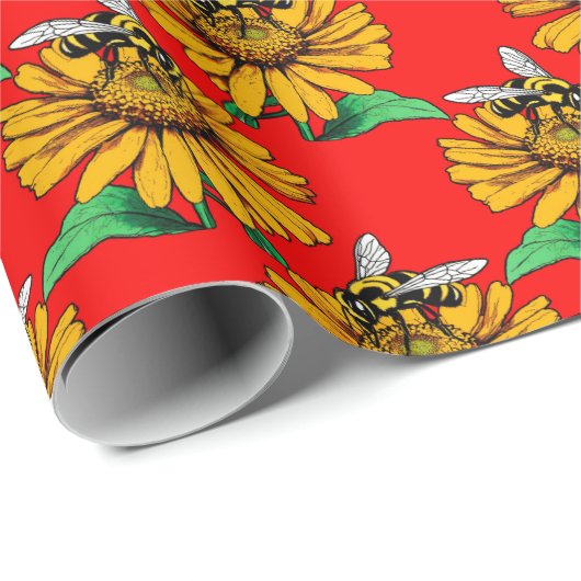 Bee on Sunflower Flower Pattern Design Red  Geschenkpapier (Rolleneckpunkt)