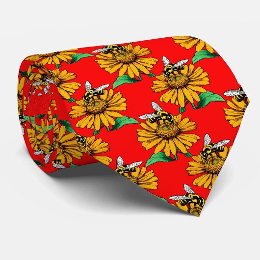 Bee on Sunflower Flower Pattern Design Red Krawatte