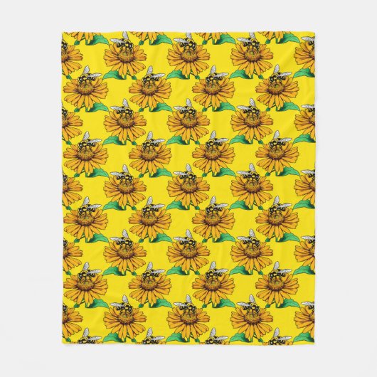 Bee on Sunflower Flower Pattern Design Yellow  Fleecedecke (Vorderseite)