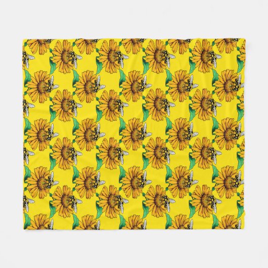 Bee on Sunflower Flower Pattern Design Yellow  Fleecedecke (Vorderseite (Horizontal))