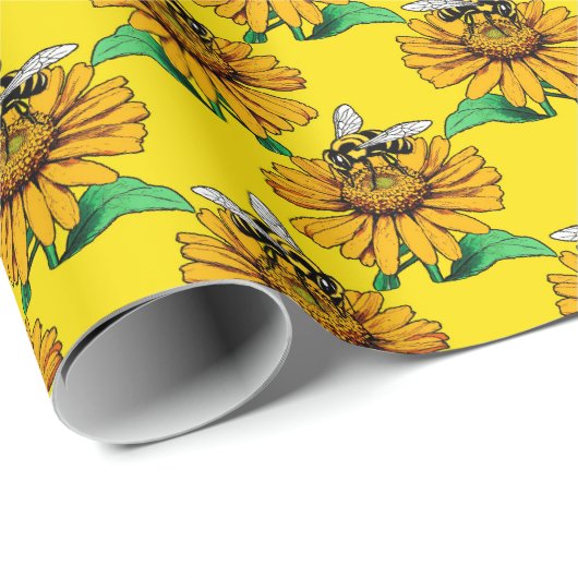Bee on Sunflower Flower Pattern Design Yellow  Geschenkpapier (Rolleneckpunkt)