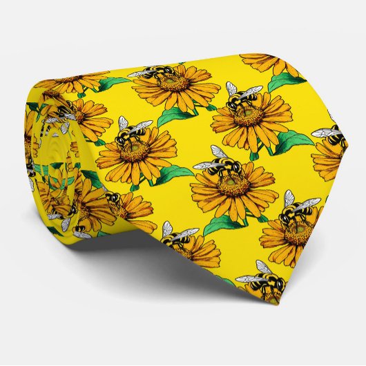 Bee on Sunflower Flower Pattern Design Yellow  Krawatte