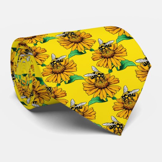 Bee on Sunflower Flower Pattern Design Yellow Krawatte (Gerollt)