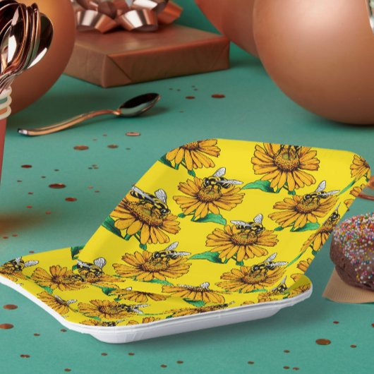 Bee on Sunflower Flower Pattern Design Yellow Pappteller