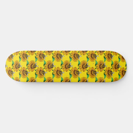 Bee on Sunflower Flower Pattern Design Yellow Skateboard (Horizontal)