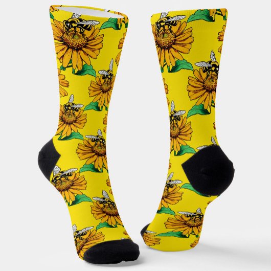 Bee on Sunflower Flower Pattern Design Yellow Socken