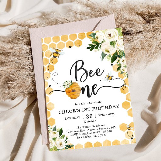 Bee One Honey Bee Floral 1st Birthday Invitation Einladung