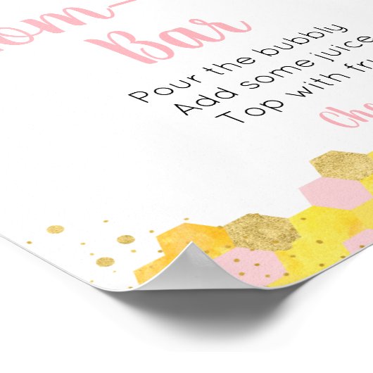 Bee Pink Gold Floral Baby Dusche Mimosa Bar Sign Poster (Ecke)