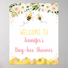 Bee Pink Gold Floral Baby Dusche Willkommen Poster