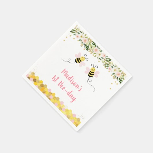 Bee Pink Gold Floral Geburtstag Serviette (Ecke)