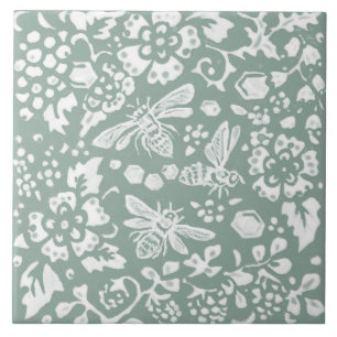 Bee Sage Green Honeycomb Blumengarten Design Fliese