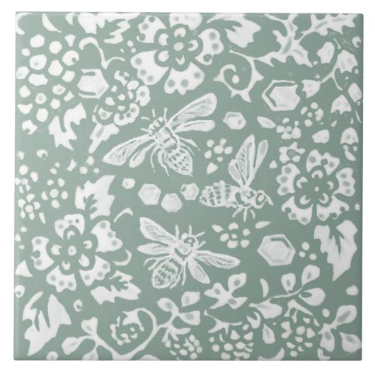 Bee Sage Green Honeycomb Blumengarten Design Fliese (Vorderseite)