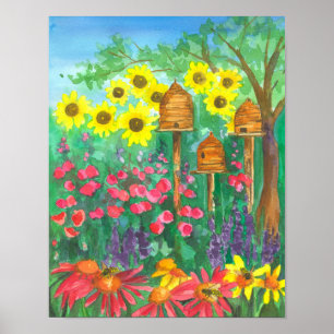 Bee Skep Coneflower Garden Poster
