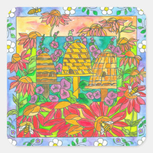 Bee Skep Red Garden Blume Quadratischer Aufkleber
