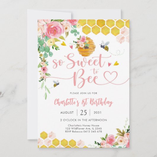 Bee Theme 1st Birthday Invitation Einladung (Vorderseite)
