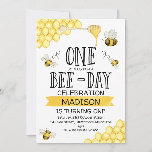Bee Themed Bee Day Erster Geburtstag Einladung (Vorderseite)