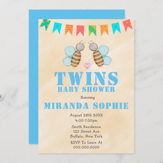 Bee Twins Watercolor Baby Shower Einladungen (Vorne/Hinten)