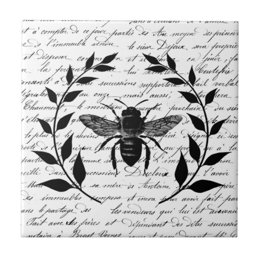 Bee with Laurel Wreath and French Handwriting Fliese (Vorderseite)