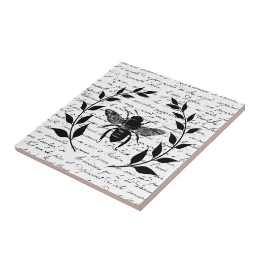 Bee with Laurel Wreath and French Handwriting Fliese (Seite)