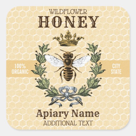 Bee Wreath and Crown Honey Jar 3 SQUARE Quadratischer Aufkleber (Vorderseite)