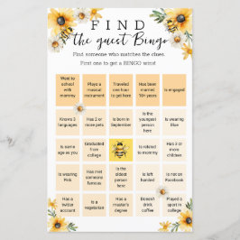 Bee Yellow flowers Baby Shower Bingo Game