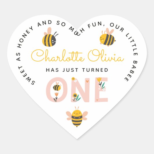 Bee Yellow & Pink Floral ONE Baby's 1. Geburtstag Herz-Aufkleber (Vorderseite)