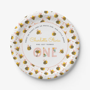 Bee Yellow & Pink Floral ONE Baby's 1. Geburtstag Pappteller