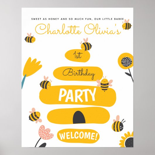 Bee Yellow & Pink Floral ONE Baby's 1. Geburtstag Poster (Vorne)