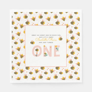 Bee Yellow & Pink Floral ONE Baby's 1. Geburtstag Serviette