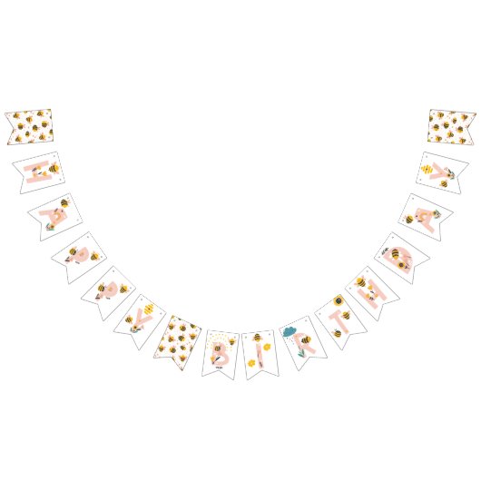 Bee Yellow & Pink Floral ONE Baby's 1. Geburtstag Wimpelkette (Alle)