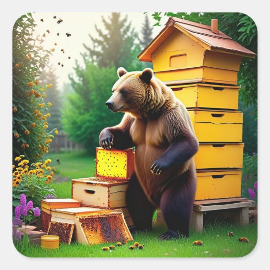 Beehive Bear Square Sticker (Vorderseite)