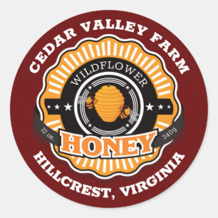 Beehive Emblem Honey Jar Dark Red Runder Aufkleber