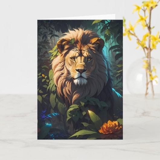 Beeindruckender Löwe im Dschungel | Karte (Gelbe Blume)
