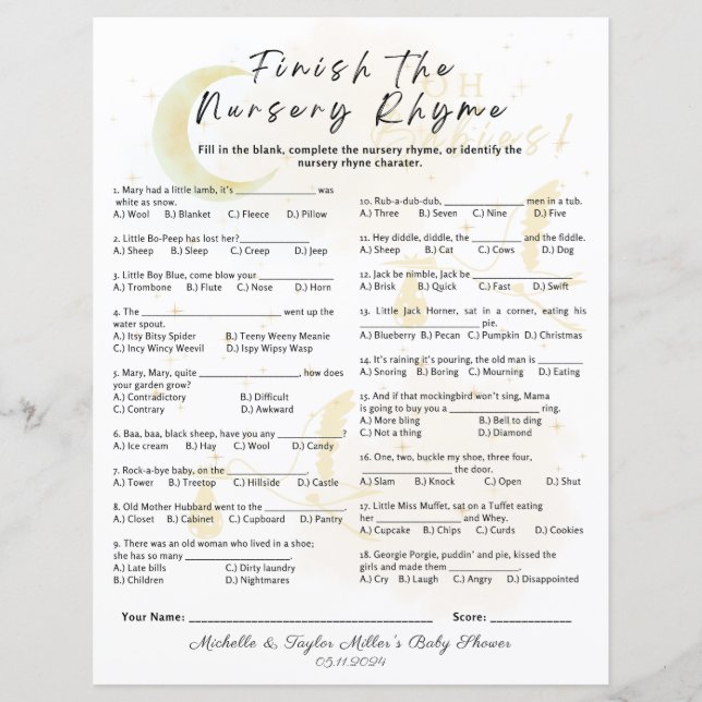 Beenden Sie das Kinderzimmer Rhyme Baby Shower Gam (Vorderseite)