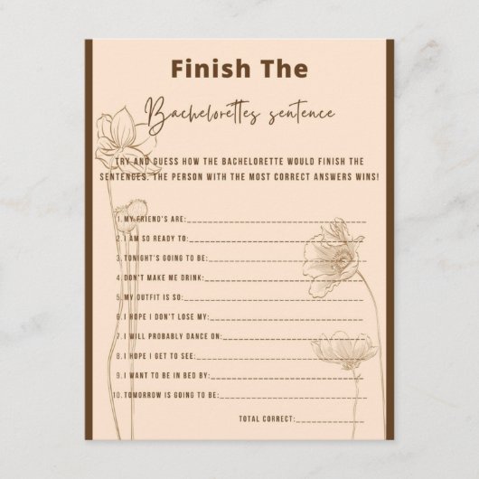 Beenden Sie das Sentence Party-Spiel des Bachelore Begleitkarte (Vorderseite)