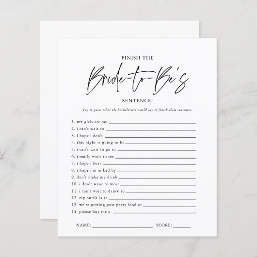 Beenden Sie den Satz | Brautparty Game (Vorne/Hinten)