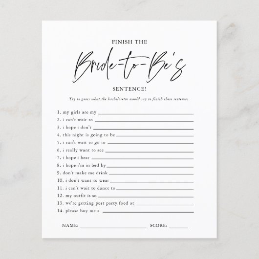 Beenden Sie den Satz | Brautparty Game (Vorderseite)