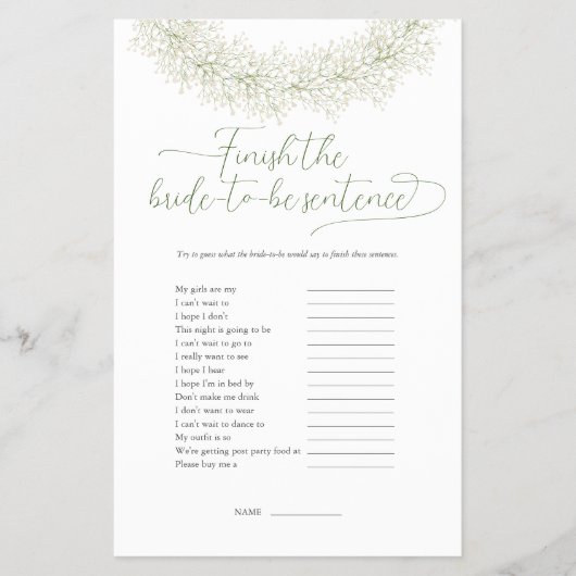 Beenden Sie den Sentence Brautparty Game Flyer (Vorne)