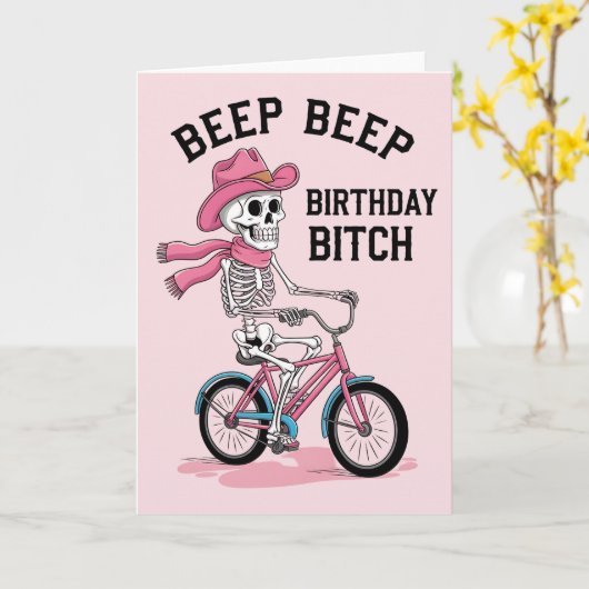 Beep Beep Birthday Funny Pink Skeleton Bike Karte (Gelbe Blume)