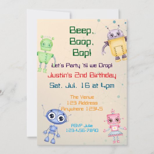Beep Boop Bop Robot Birthday Einladung (Vorderseite)