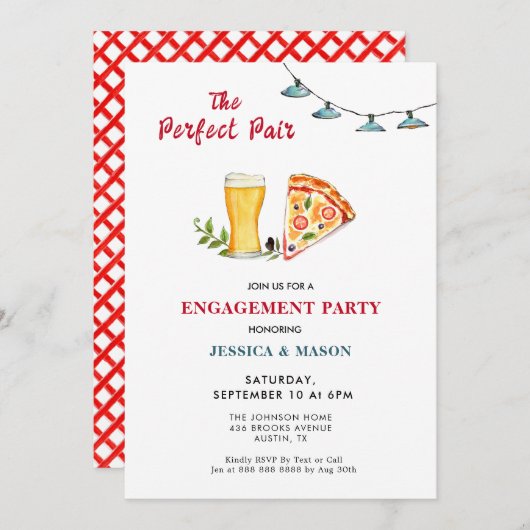 Beer and Pizza Perfect Pair Engagement Party Einladung (Vorne/Hinten)