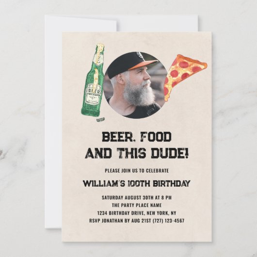 Beer Dude Photo Man Funny 100th Birthday Einladung (Vorderseite)