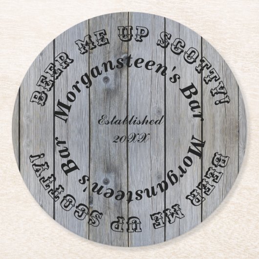 Beer mich auf Scotty! Holzaussehen Bar oder Name d Runder Pappuntersetzer (Vorderseite)